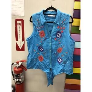 Passport Susan graver women’s embroidered sleeveless tie front top Large new HSN